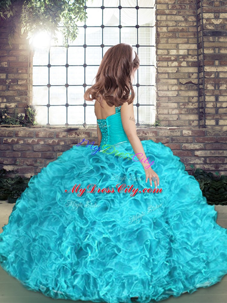 Royal Blue Ball Gowns Straps Sleeveless Fabric With Rolling Flowers Floor Length Lace Up Beading High School Pageant Dress