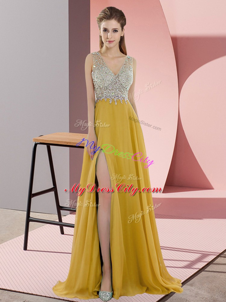 Gold Chiffon Zipper Homecoming Dress Sleeveless Sweep Train Beading