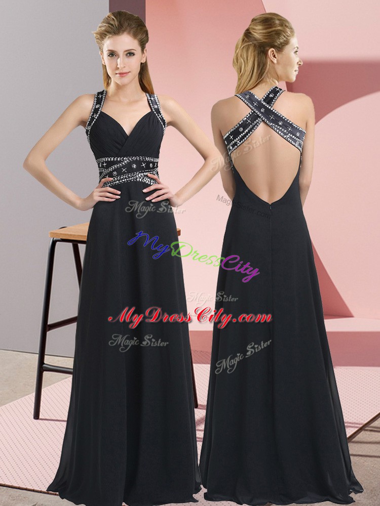 Chiffon Straps Sleeveless Backless Beading Prom Gown in Black