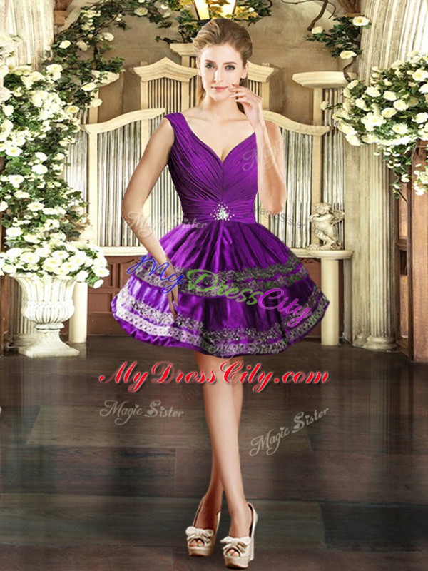 Customized Sleeveless Taffeta Mini Length Backless Prom Dress in Purple with Embroidery