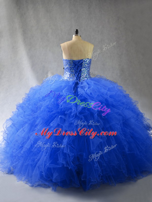 Royal Blue Sleeveless Floor Length Beading and Ruffles Lace Up Quinceanera Gowns