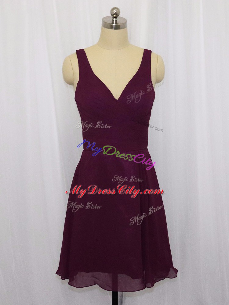 Fabulous V-neck Sleeveless Zipper Prom Dress Dark Purple Chiffon