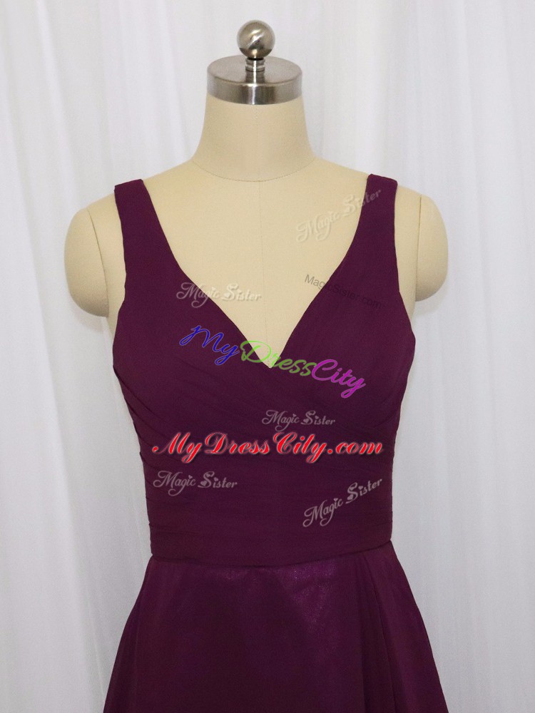 Fabulous V-neck Sleeveless Zipper Prom Dress Dark Purple Chiffon