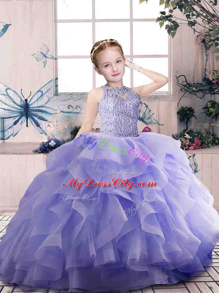 Lavender Pageant Dress Womens Party and Sweet 16 and Wedding Party with Beading and Ruffles Scoop Sleeveless Zipper