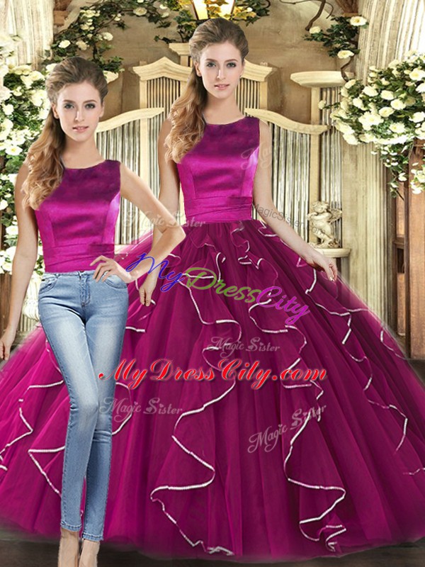 Romantic Fuchsia Scoop Lace Up Ruffles 15th Birthday Dress Sleeveless