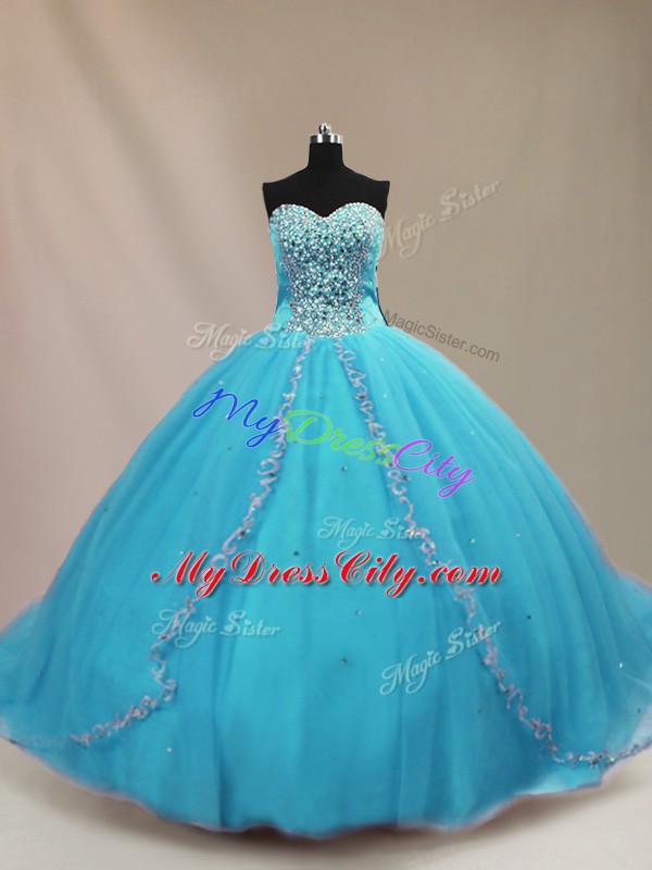 Comfortable Aqua Blue Sleeveless Tulle Court Train Lace Up Sweet 16 Dress for Sweet 16 and Quinceanera