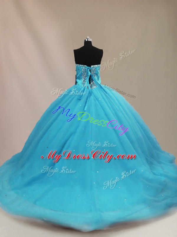 Comfortable Aqua Blue Sleeveless Tulle Court Train Lace Up Sweet 16 Dress for Sweet 16 and Quinceanera