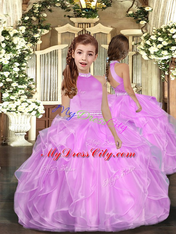 Luxurious Floor Length Lilac Pageant Dress for Girls Halter Top Sleeveless Backless