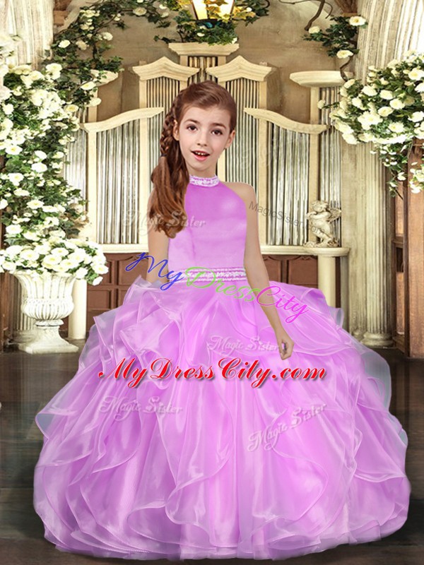 Luxurious Floor Length Lilac Pageant Dress for Girls Halter Top Sleeveless Backless