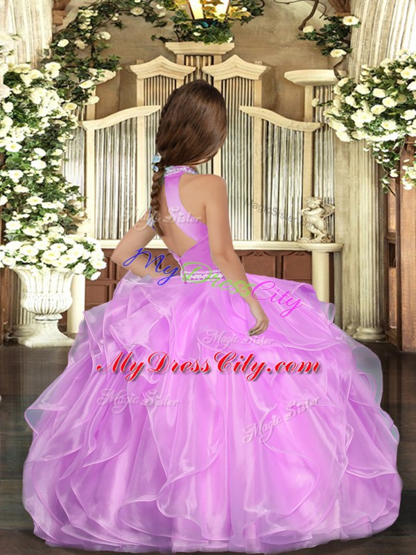 Luxurious Floor Length Lilac Pageant Dress for Girls Halter Top Sleeveless Backless