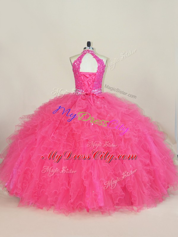 Cute Floor Length Ball Gowns Sleeveless Hot Pink Quinceanera Dress Lace Up