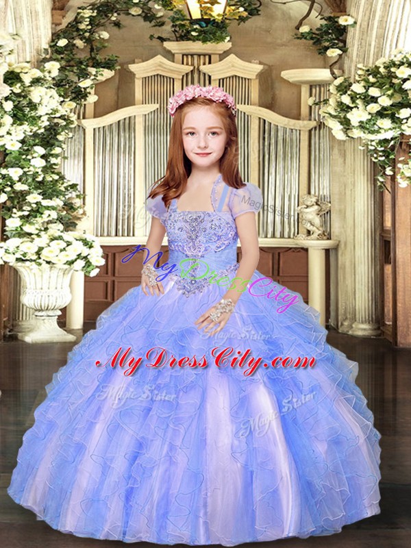 On Sale Blue And White Sleeveless Floor Length Beading and Ruffles Lace Up Little Girl Pageant Dress