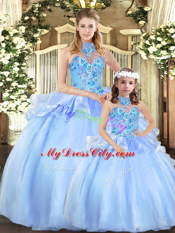 Best Selling Blue Sleeveless Embroidery Floor Length 15th Birthday Dress