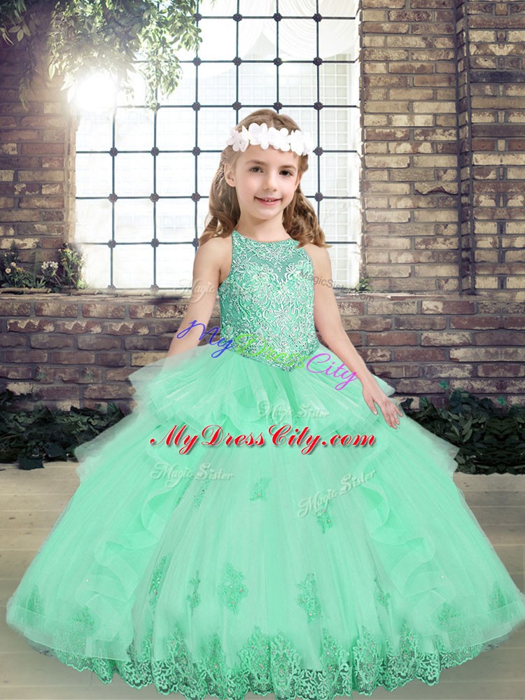 Floor Length Lace Up Pageant Gowns Apple Green for Party and Wedding Party with Lace and Appliques