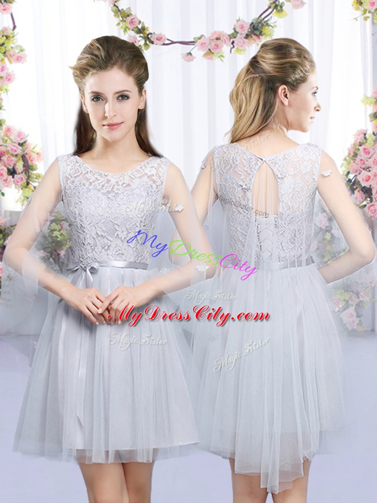 Sleeveless Lace Up Mini Length Lace and Belt Wedding Party Dress