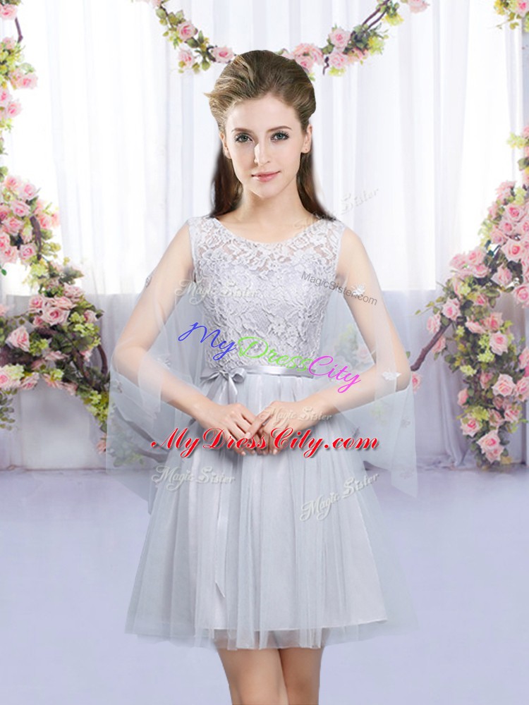 Sleeveless Lace Up Mini Length Lace and Belt Wedding Party Dress