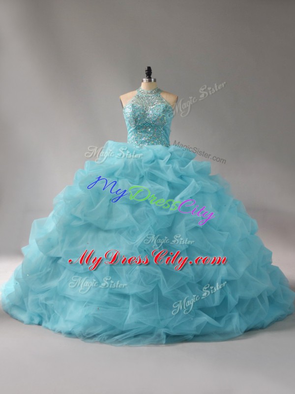 Comfortable Sleeveless Beading and Pick Ups Lace Up Quinceanera Dress with Aqua Blue Court Train