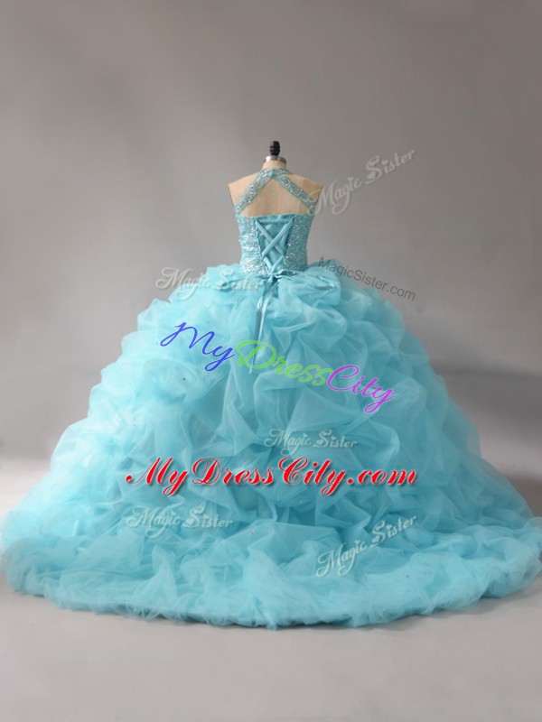 Comfortable Sleeveless Beading and Pick Ups Lace Up Quinceanera Dress with Aqua Blue Court Train