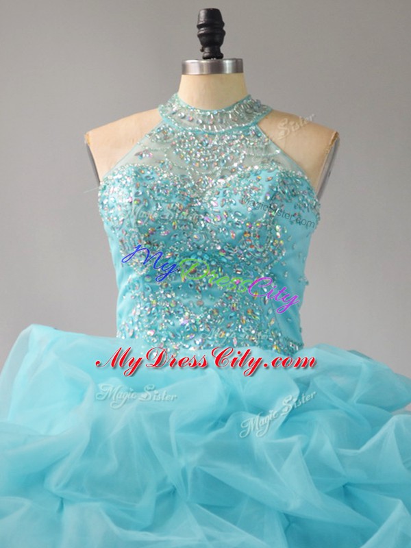 Comfortable Sleeveless Beading and Pick Ups Lace Up Quinceanera Dress with Aqua Blue Court Train