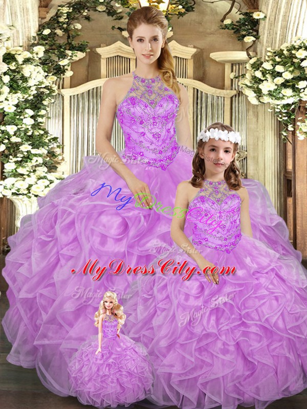 Chic Ball Gowns 15th Birthday Dress Lilac Halter Top Tulle Sleeveless Floor Length Lace Up