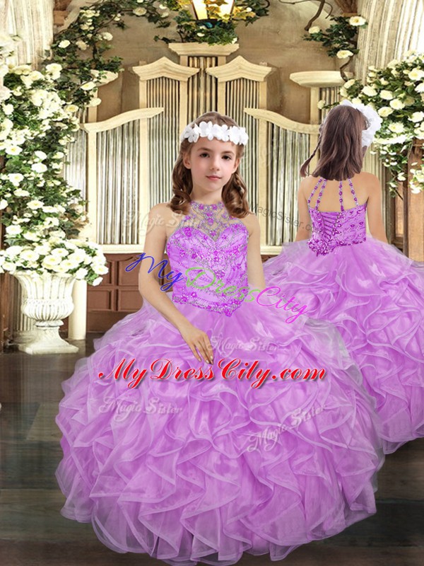 Chic Ball Gowns 15th Birthday Dress Lilac Halter Top Tulle Sleeveless Floor Length Lace Up