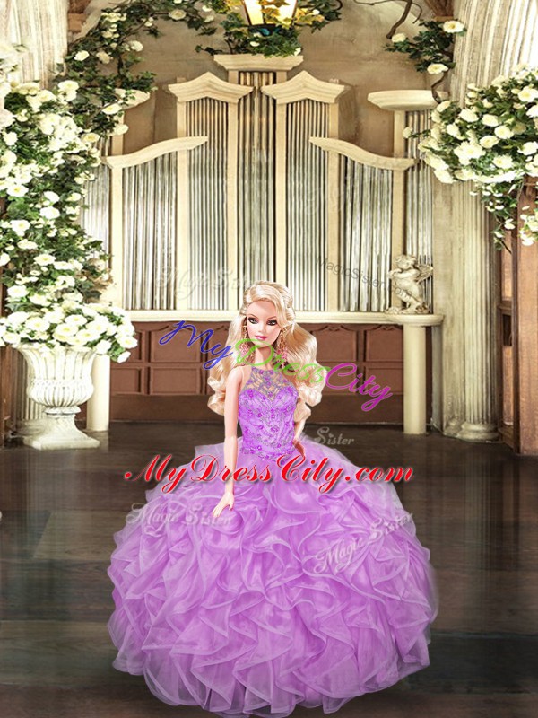 Chic Ball Gowns 15th Birthday Dress Lilac Halter Top Tulle Sleeveless Floor Length Lace Up