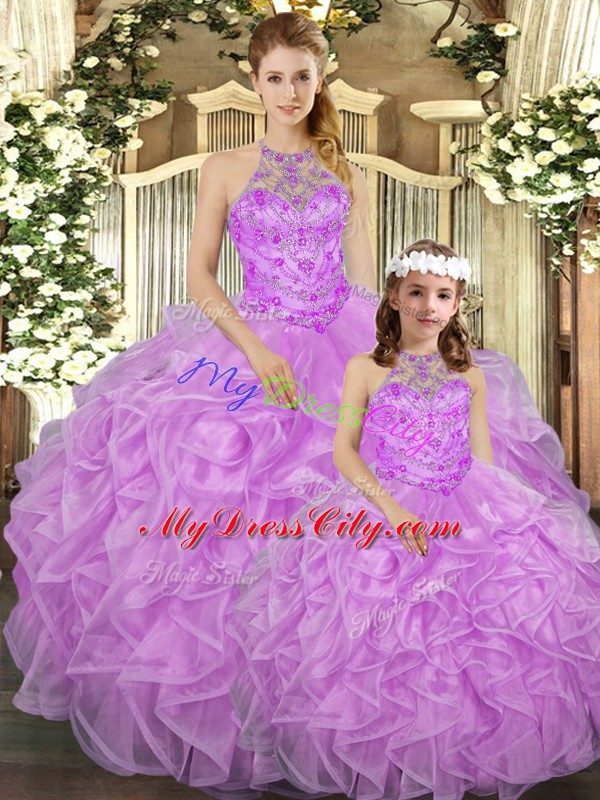 Chic Ball Gowns 15th Birthday Dress Lilac Halter Top Tulle Sleeveless Floor Length Lace Up