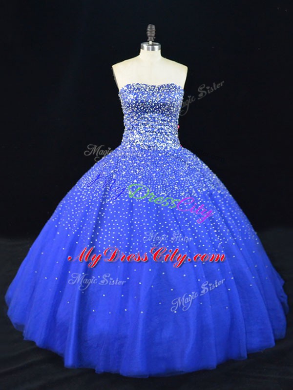 Royal Blue Strapless Lace Up Beading Sweet 16 Dresses Sleeveless