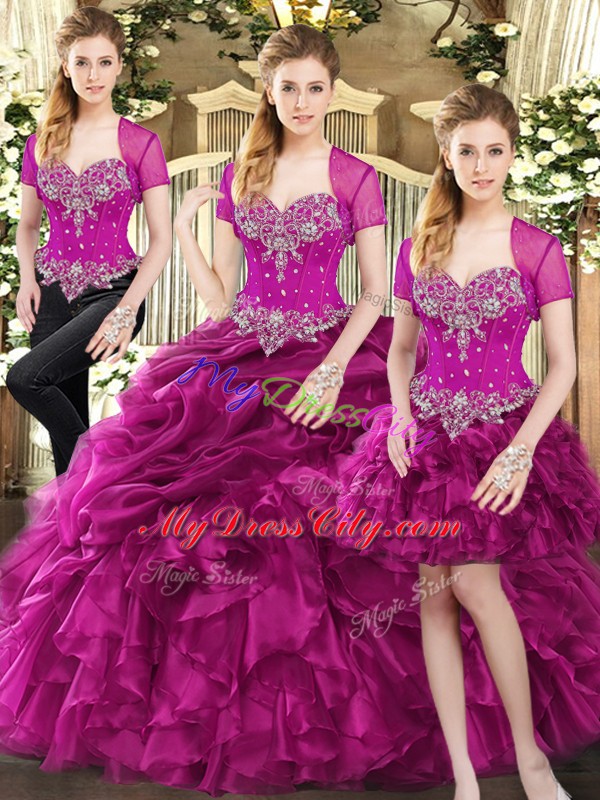 Suitable Fuchsia Sweetheart Lace Up Beading and Ruffles and Pick Ups 15th Birthday Dress Sleeveless