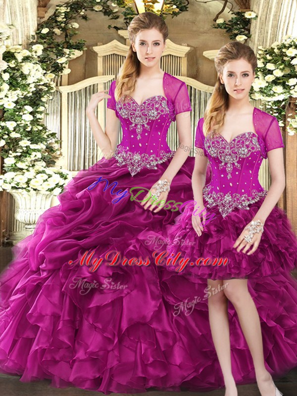 Suitable Fuchsia Sweetheart Lace Up Beading and Ruffles and Pick Ups 15th Birthday Dress Sleeveless