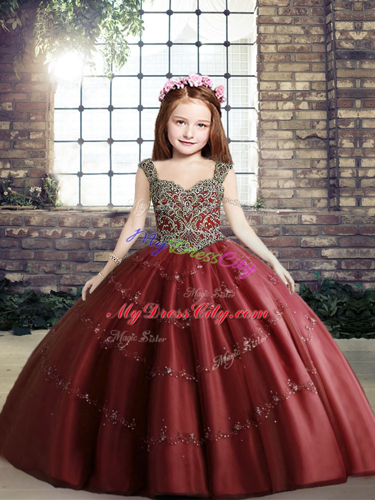 Adorable Red Kids Pageant Dress Party and Sweet 16 and Wedding Party with Beading Straps Sleeveless Lace Up