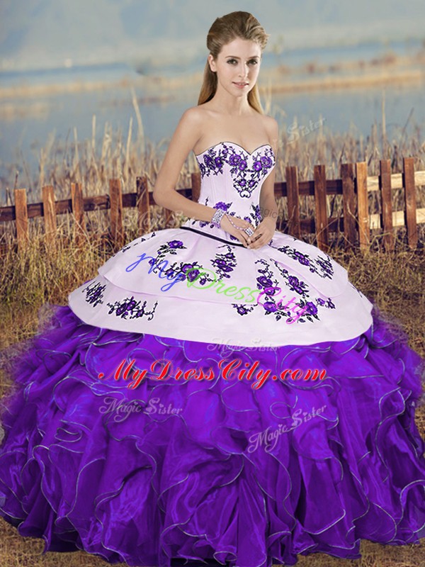 Traditional White And Purple Sleeveless Floor Length Embroidery and Ruffles and Bowknot Lace Up Vestidos de Quinceanera