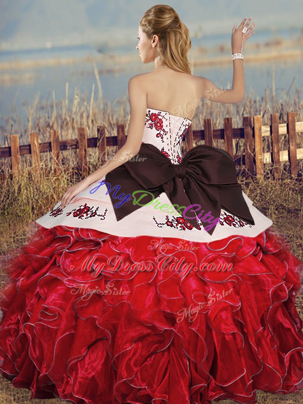 Traditional White And Purple Sleeveless Floor Length Embroidery and Ruffles and Bowknot Lace Up Vestidos de Quinceanera