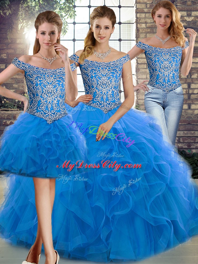 Hot Selling Blue Off The Shoulder Neckline Beading and Ruffles Quince Ball Gowns Sleeveless Lace Up