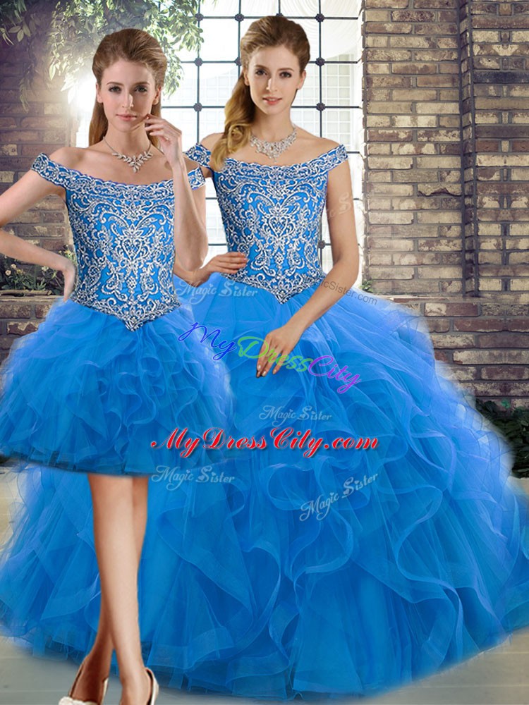 Hot Selling Blue Off The Shoulder Neckline Beading and Ruffles Quince Ball Gowns Sleeveless Lace Up