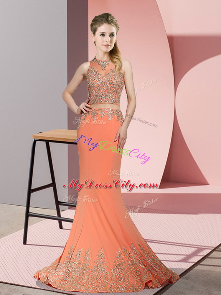 Orange Red High-neck Neckline Beading and Appliques Going Out Dresses Sleeveless Zipper