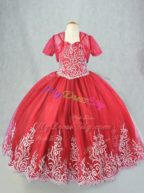 Tulle Spaghetti Straps Sleeveless Lace Up Beading and Embroidery Kids Formal Wear in Red