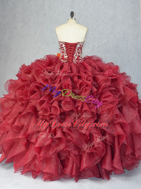 Comfortable Burgundy Ball Gowns Sweetheart Sleeveless Organza Floor Length Lace Up Beading and Ruffles Sweet 16 Quinceanera Dress