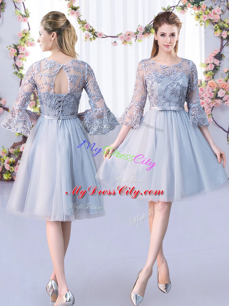 Cute Grey Scoop Neckline Lace and Belt Bridesmaid Dresses 3 4 Length Sleeve Lace Up