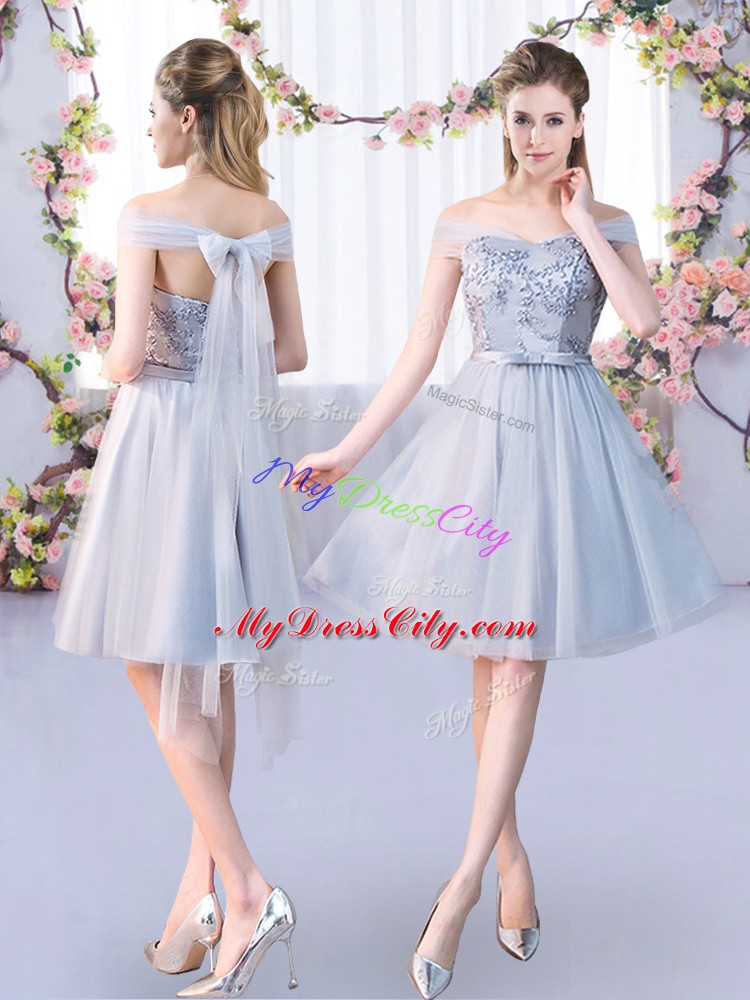 Cute Grey Scoop Neckline Lace and Belt Bridesmaid Dresses 3 4 Length Sleeve Lace Up