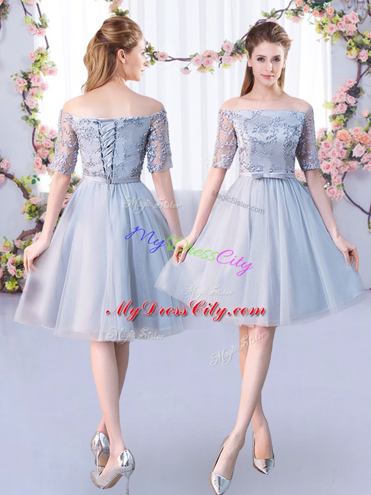 Cute Grey Scoop Neckline Lace and Belt Bridesmaid Dresses 3 4 Length Sleeve Lace Up