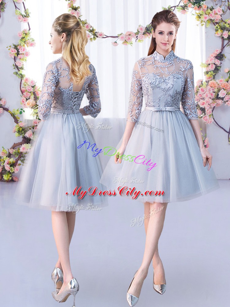 Cute Grey Scoop Neckline Lace and Belt Bridesmaid Dresses 3 4 Length Sleeve Lace Up