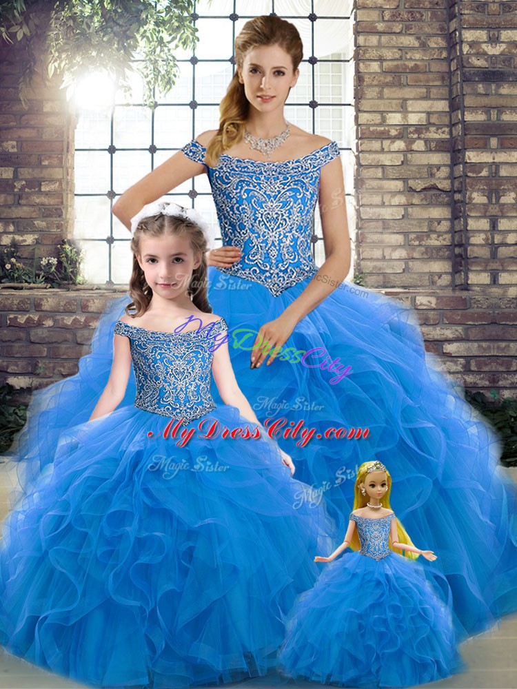 Off The Shoulder Sleeveless Brush Train Lace Up Quinceanera Dress Blue Tulle