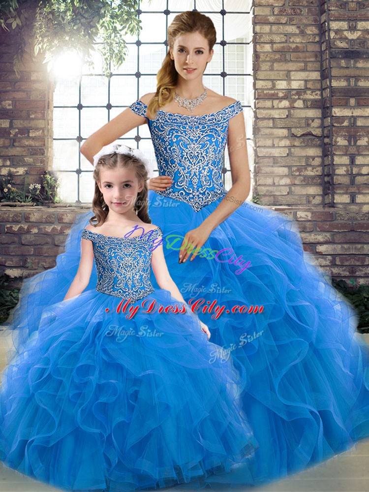 Off The Shoulder Sleeveless Brush Train Lace Up Quinceanera Dress Blue Tulle