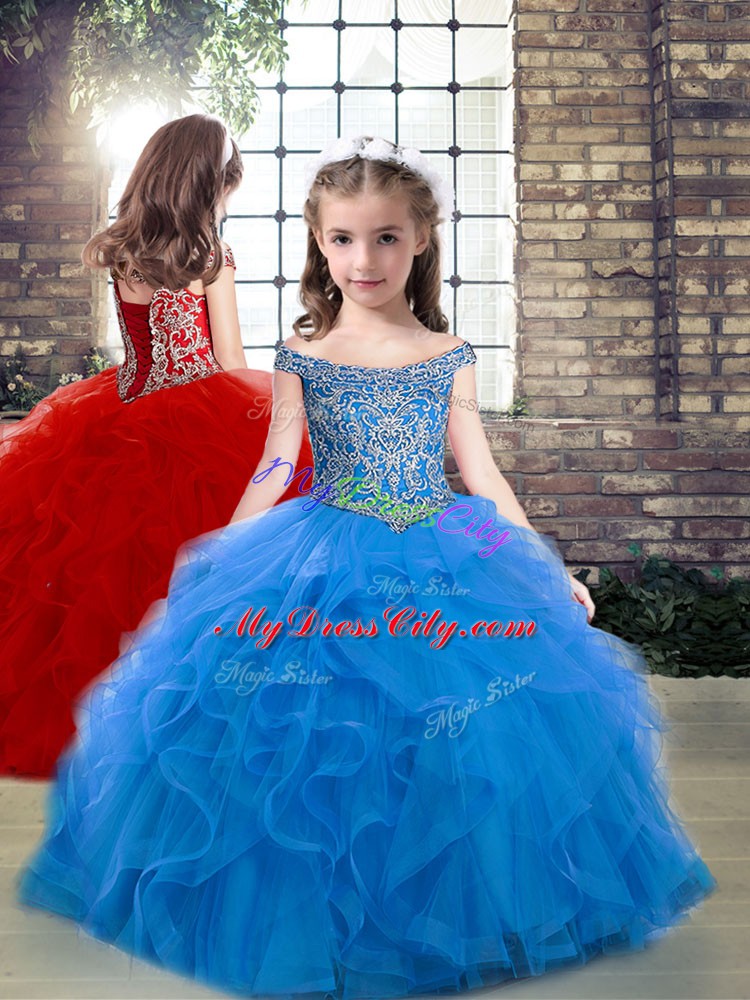 Off The Shoulder Sleeveless Brush Train Lace Up Quinceanera Dress Blue Tulle