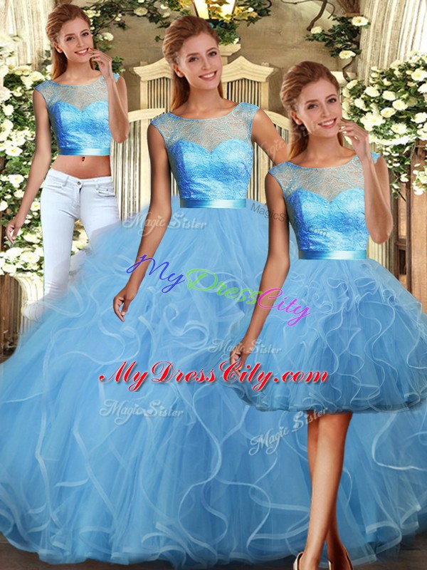 Elegant Baby Blue Sleeveless Tulle Backless Sweet 16 Quinceanera Dress for Military Ball and Sweet 16 and Quinceanera