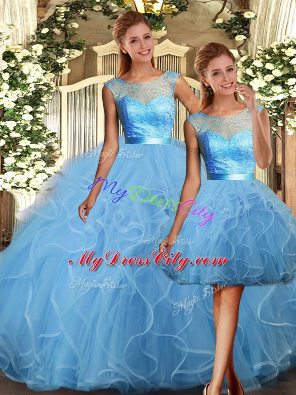 Elegant Baby Blue Sleeveless Tulle Backless Sweet 16 Quinceanera Dress for Military Ball and Sweet 16 and Quinceanera