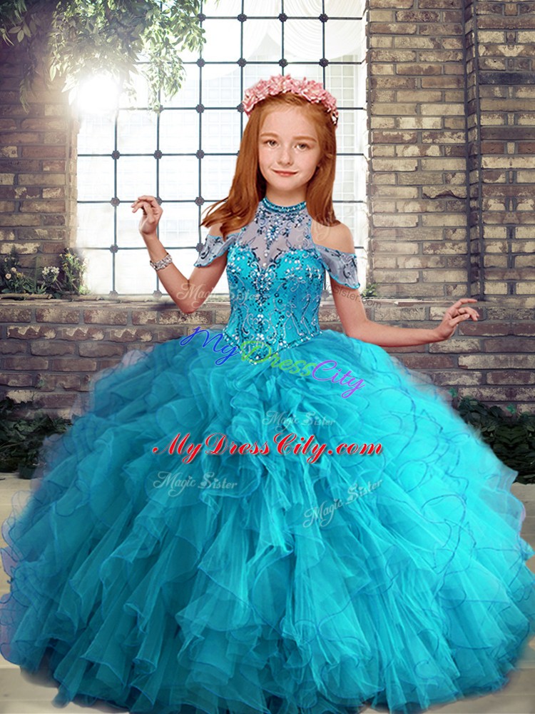 Beading and Ruffles Pageant Gowns For Girls Aqua Blue Lace Up Sleeveless Floor Length