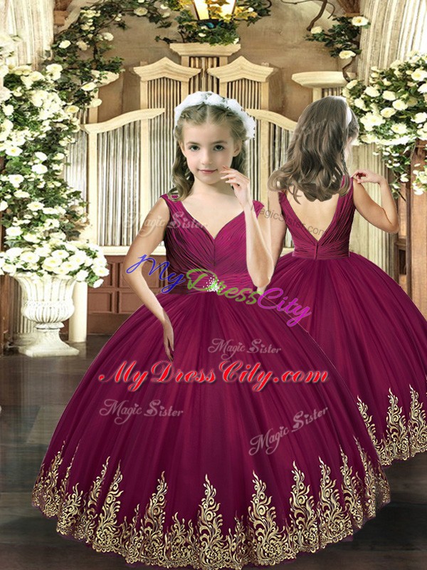 Hot Selling Burgundy Ball Gowns Sleeveless Tulle Floor Length Backless Embroidery Custom Made Pageant Dress