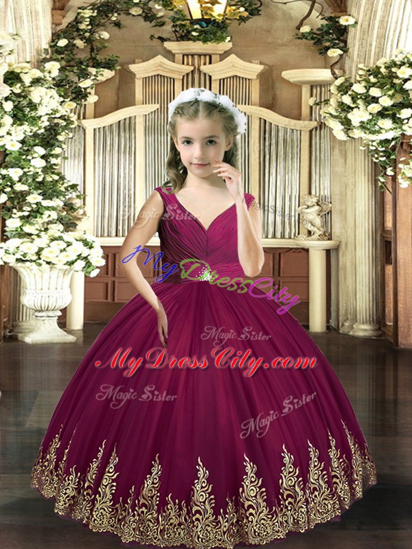 Hot Selling Burgundy Ball Gowns Sleeveless Tulle Floor Length Backless Embroidery Custom Made Pageant Dress